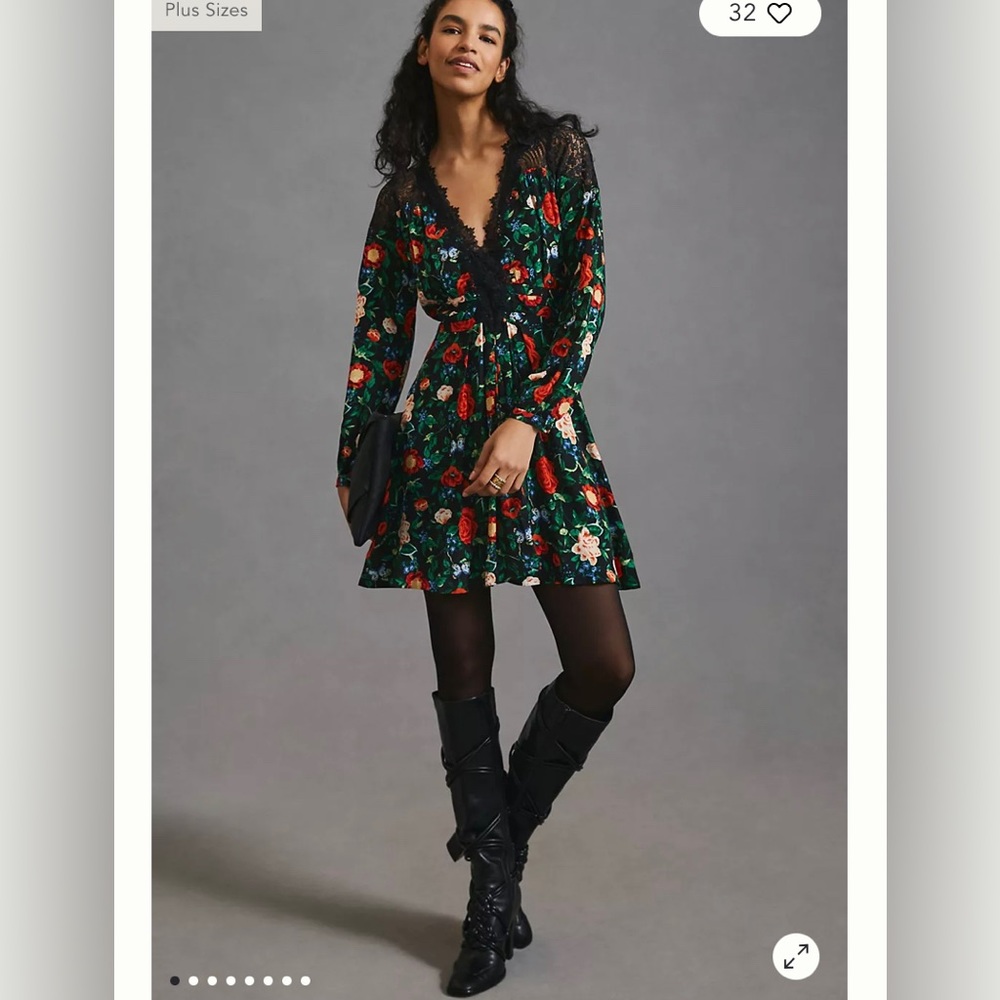 Anthropologie Black Velvet Floral Wrap Mini Dress